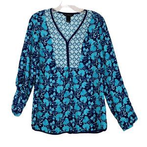 Investments Womens Peasant Tunic Shirt Size S Roll Tab Sleeve Blue Floral Geomet